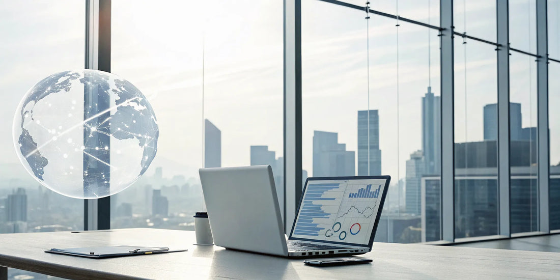 Managing international payroll services on a laptop with a digital globe in the background.