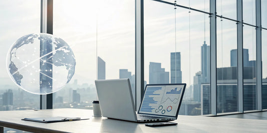 Managing international payroll services on a laptop with a digital globe in the background.