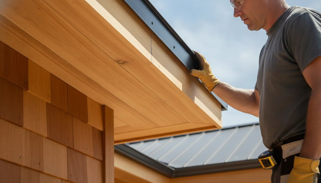 Builder inspecting Alaskan yellow cedar fascia at a home's roofline