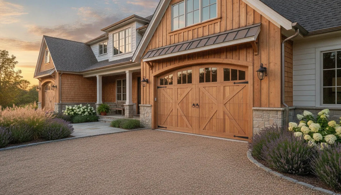 Custom wood barn style garage door on a refined farmhouse home