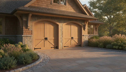 Craftsman-style carriage house garage door with classic swing-open panels and black iron hardware on a wood-sided home