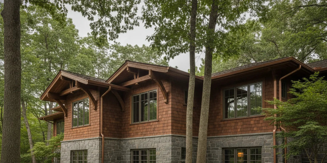 Cedar shake cladding on a refined home exterior beside stone and landscaped grounds