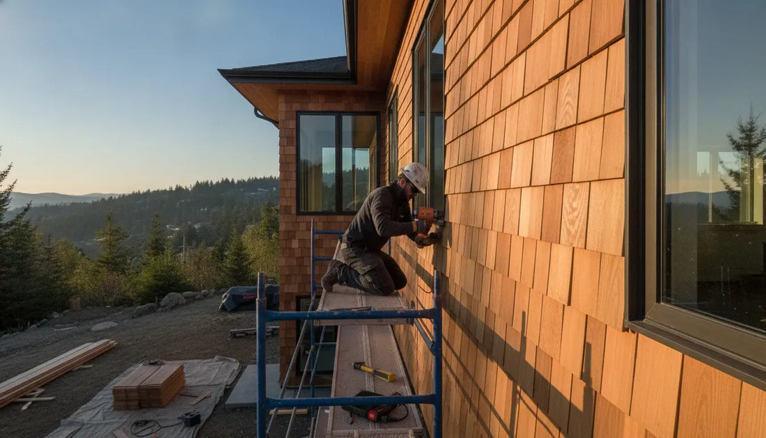 Installer fastening interlocking cedar shingle panels on a custom home
