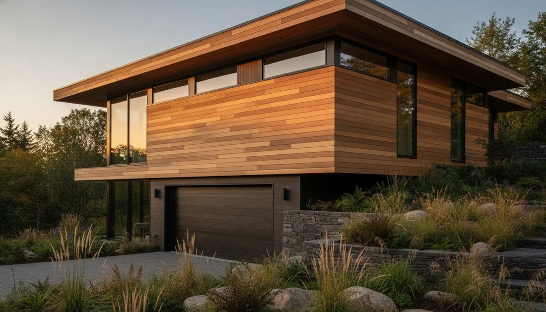 Modern home with warm cedar siding and a dark wood garage door