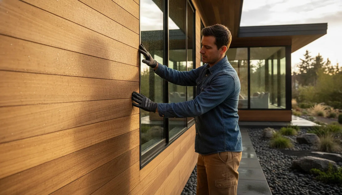 Carpenter inspecting cedar siding on a modern home