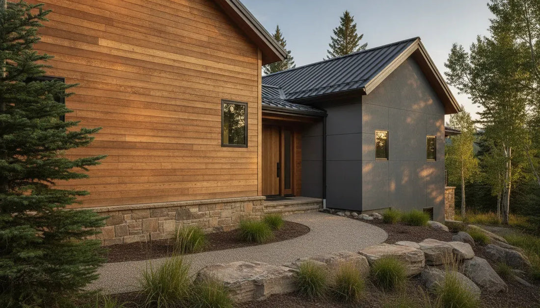 Luxury home exterior combining warm cedar siding with a contrasting fiber cement volume