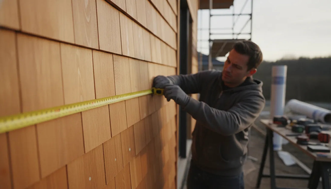 Craftsman inspecting cedar tongue and groove siding on a modern home