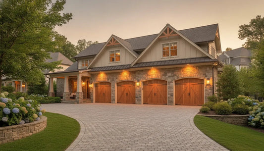Southern craftsman home exterior with custom wood garage door and engineered cedar siding panels
