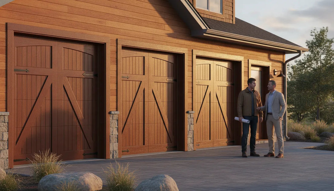 Builders reviewing custom wood garage doors on a luxury home