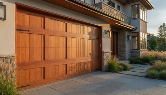 Custom wood garage door on a luxury home