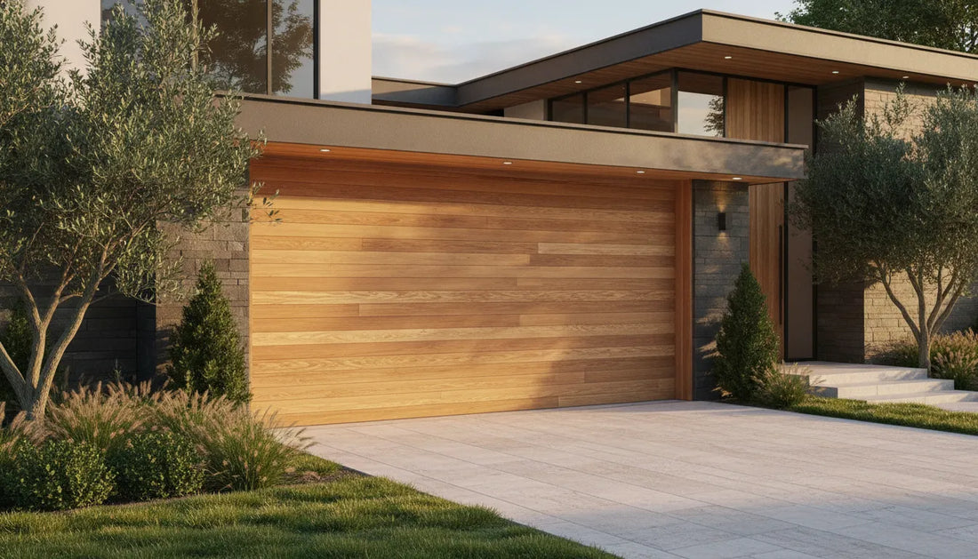 Custom wood garage door on a luxury modern home exterior in warm cedar tones