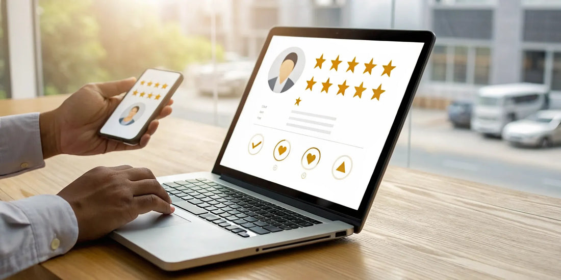 A job seeker researches an employer by reading reviews on a laptop and phone.
