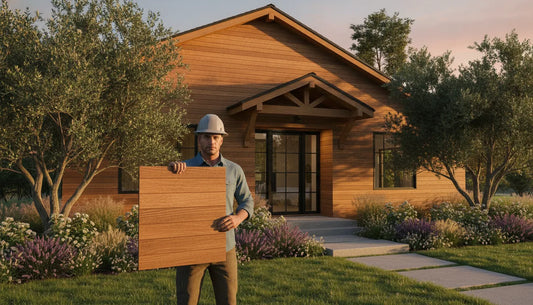 Modern craftsman home exterior clad in warm engineered cedar siding at golden hour