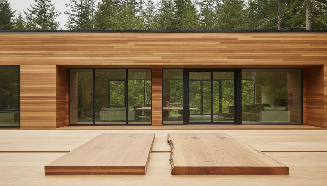 Engineered cedar siding and solid cedar board beside a modern cedar-clad home
