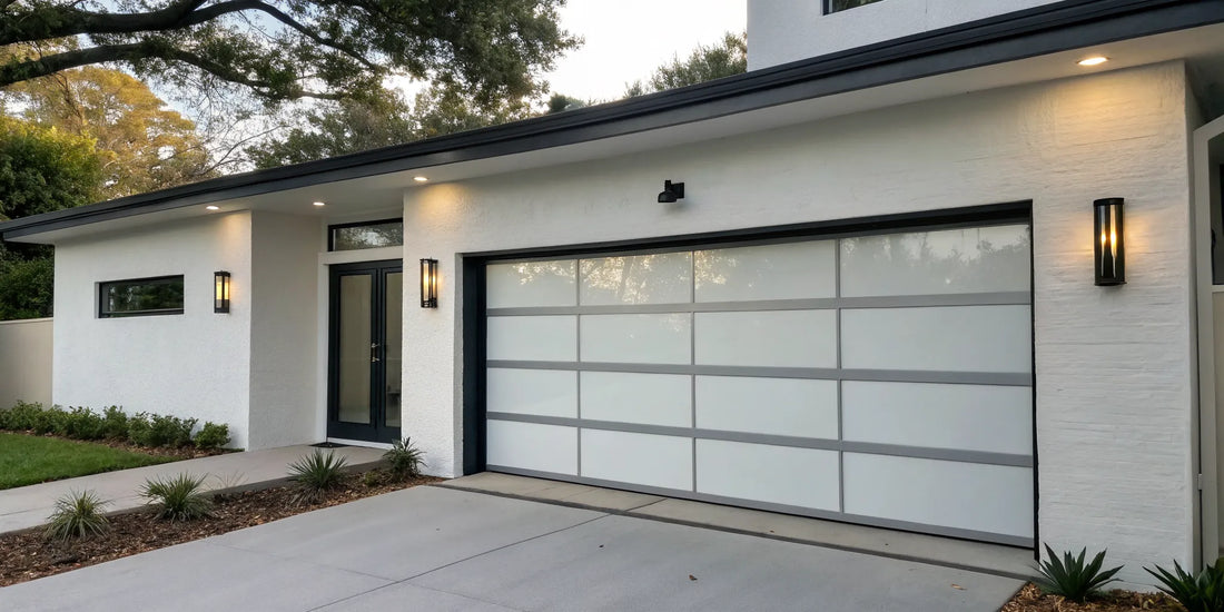 Modern 9x7 garage door with sleek windows on a white home.