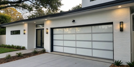 Modern 9x7 garage door with sleek windows on a white home.