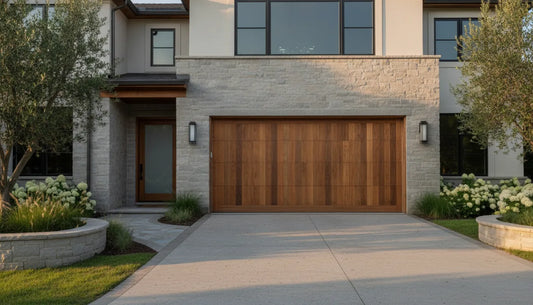 Custom wood garage door enhancing a refined home's exterior