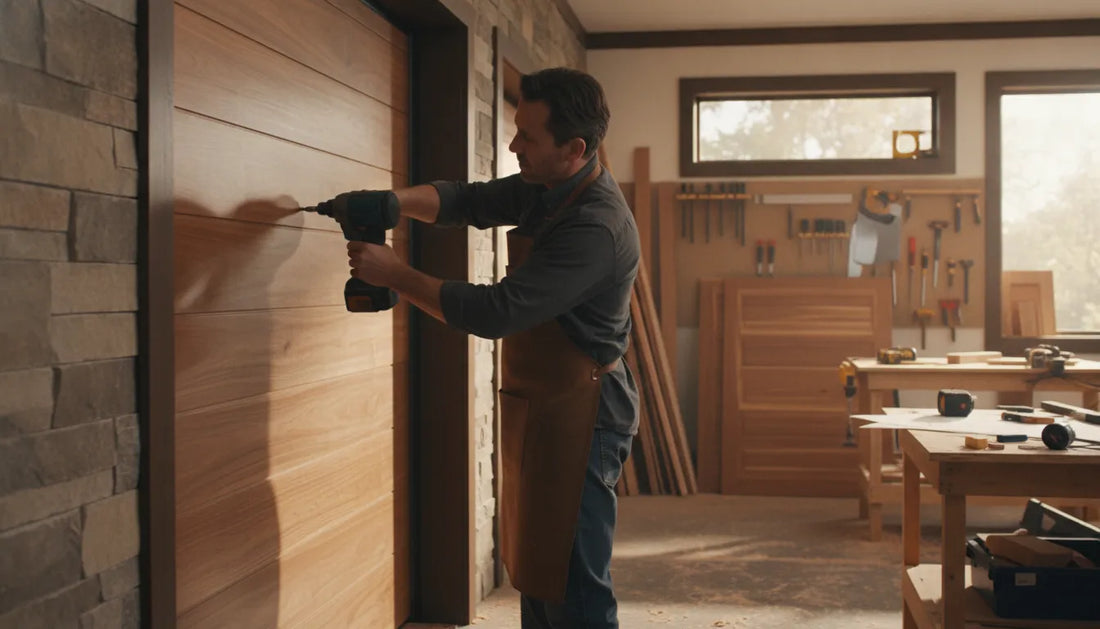 Trade professional installing a custom wood garage door on a luxury home