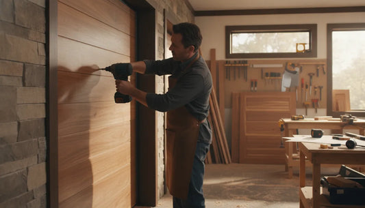 Trade professional installing a custom wood garage door on a luxury home