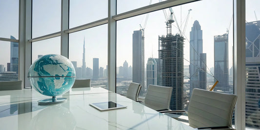 A globe and a tablet on a modern office desk for managing global payroll solutions.