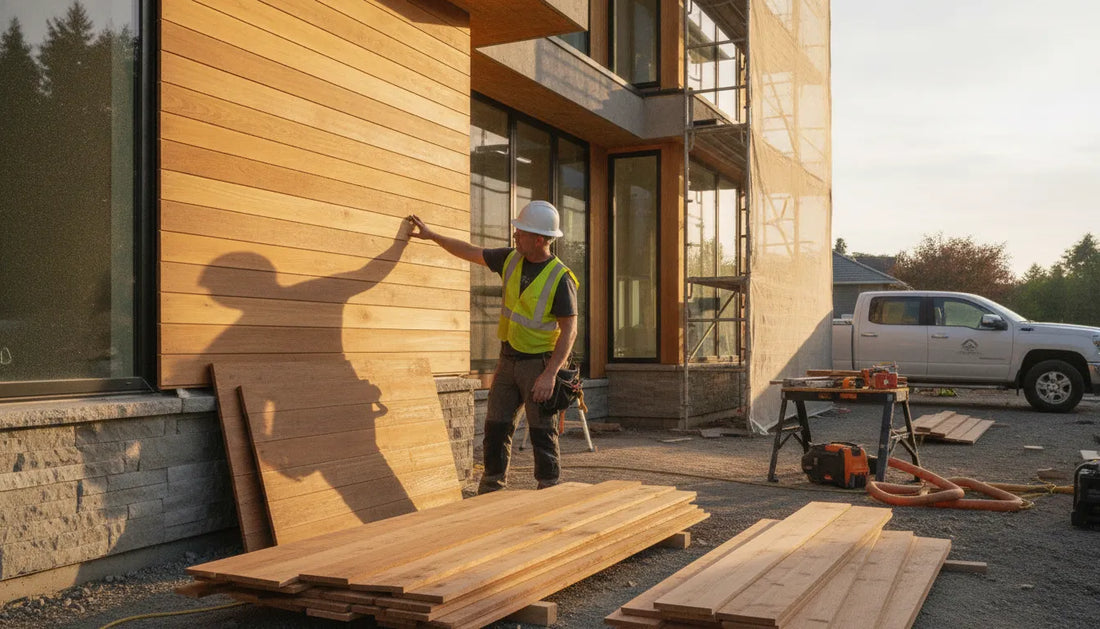 Builder and siding contractor reviewing cedar cladding on a luxury home