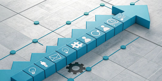 Blue arrow staircase with icons for a talent strategy focused on growth and development.