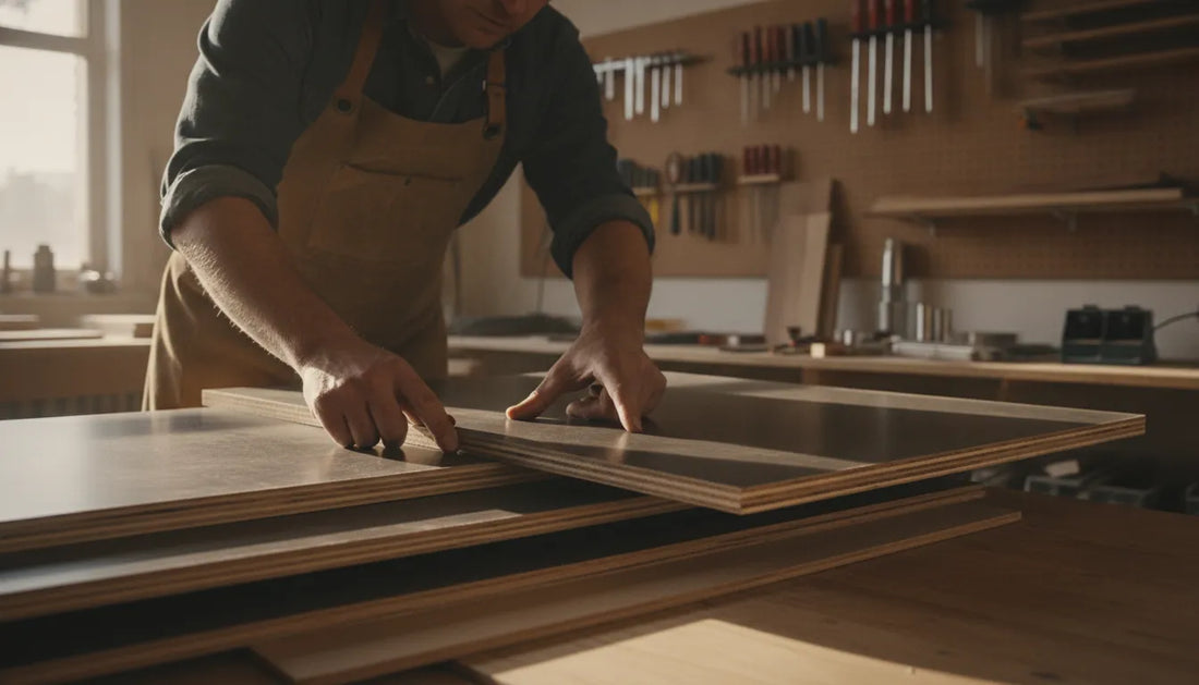 Builder inspecting cross-laminated phenolic plywood panels in a workshop