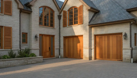Matching wood garage doors, front entry door, and shutters on a custom home