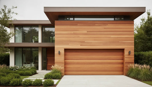 Modern landscape garage door with horizontal real-wood panels on a contemporary home