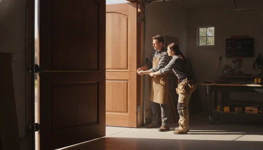 Installer measuring a custom wood swing-out garage door opening