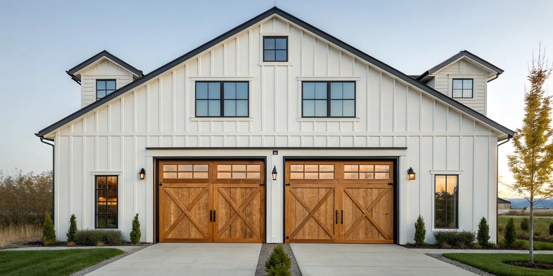 Double barn style garage doors with a natural wood finish on a modern home.