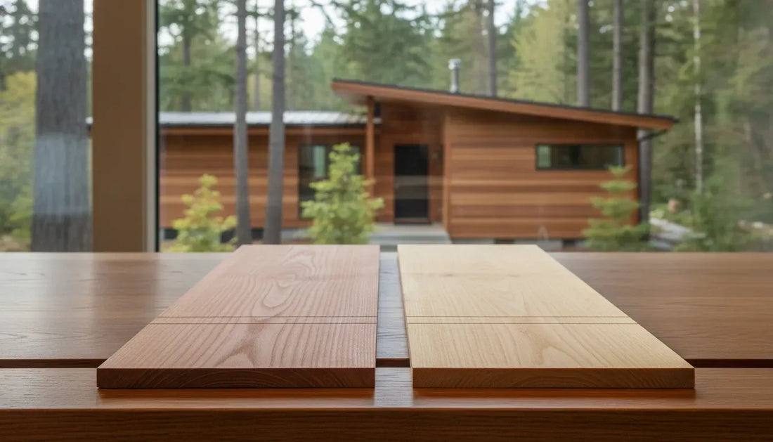 Western Red Cedar and Alaskan Yellow Cedar boards beside a cedar-clad home
