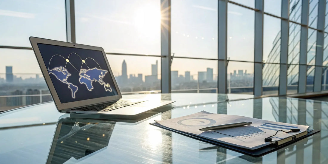 A global employer of record managing an international team on a laptop showing a world map.