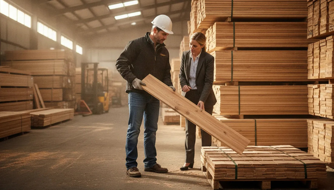 Builder reviewing cedar siding and shingle panels in a lumber warehouse
