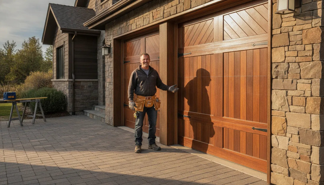 Installer beside a premium custom wood garage door
