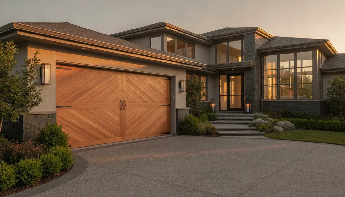 Custom real wood wishbone panel garage door on a luxury home