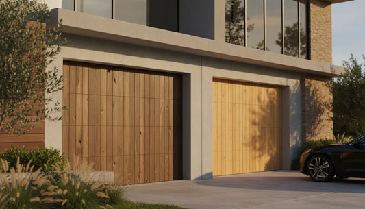 Real wood and wood-look steel garage doors on a luxury home