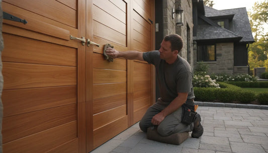 Craftsman inspecting a custom cedar garage door
