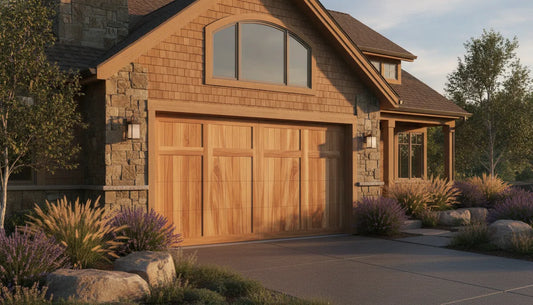 Custom Western Red Cedar garage door with a warm natural stain