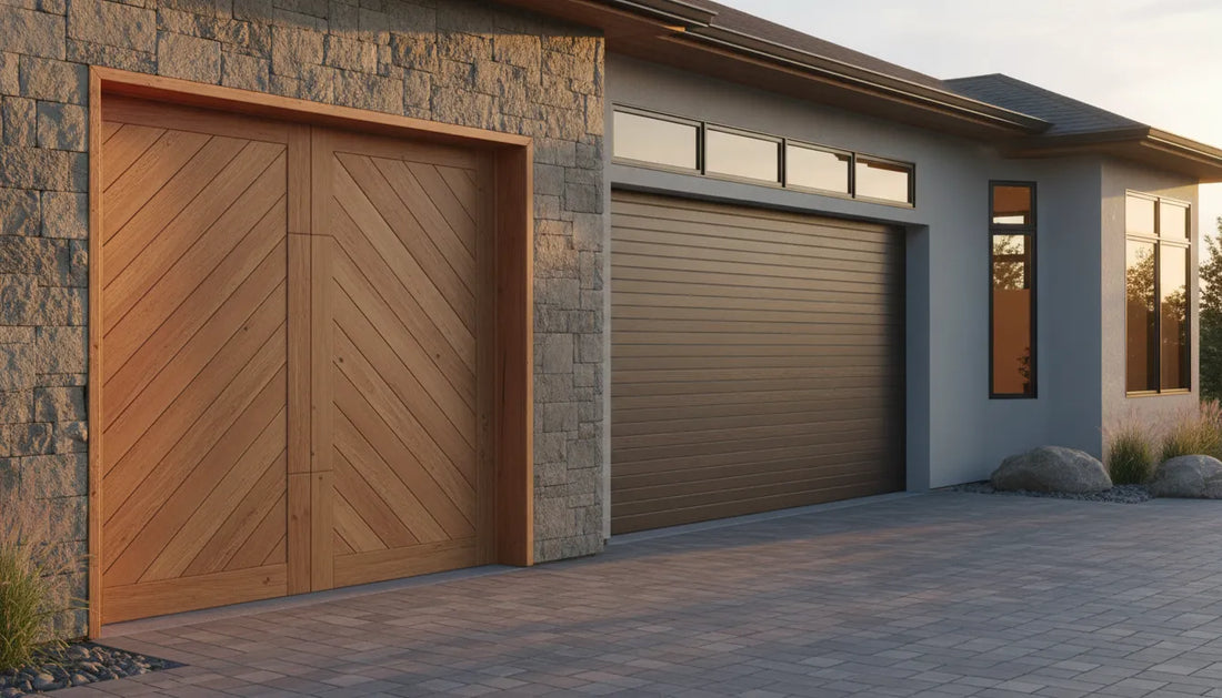 Custom home with wood and woodgrain steel garage doors