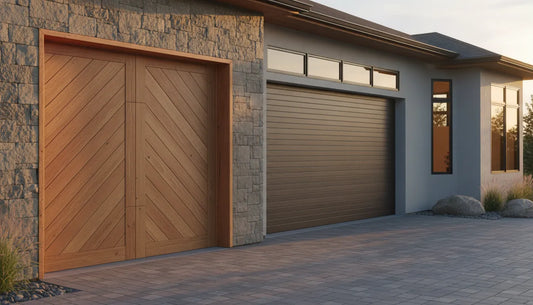Custom home with wood and woodgrain steel garage doors